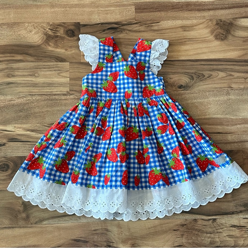 Eleanor Rose Blue and White Strawberry Print Girls Dress